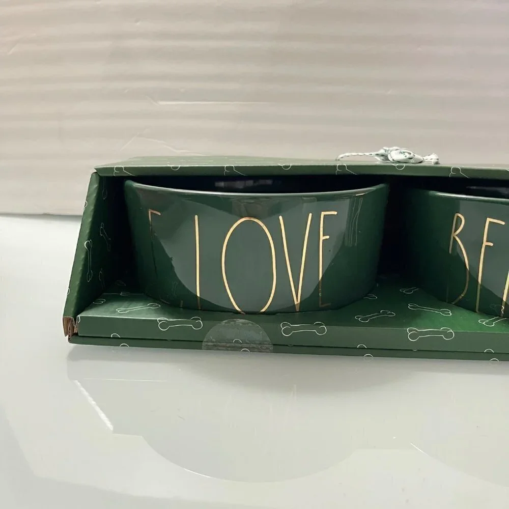Rae Dunn New Green Peace Love & Belly Rub Pet Food & Water Bowls 2 Piece Set